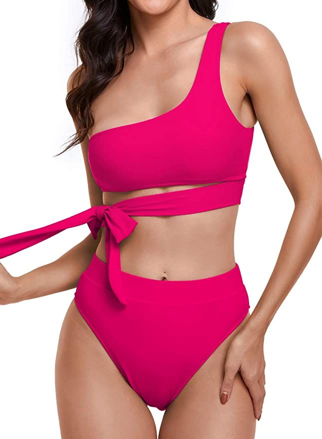 Byoauo Womens Bikini One Shoulder Top with High Waisted Bottom Two Piece Swimsuits | Amazon (US)