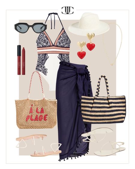 Here are a few ideas for what to wear on Memorial Day depending on what activities you have planned. 

Cover-up, one piece swimsuit, bathing suit, sun hat, tote bag, sandals, sunglasses, summer outfit, summer look, pool outfit