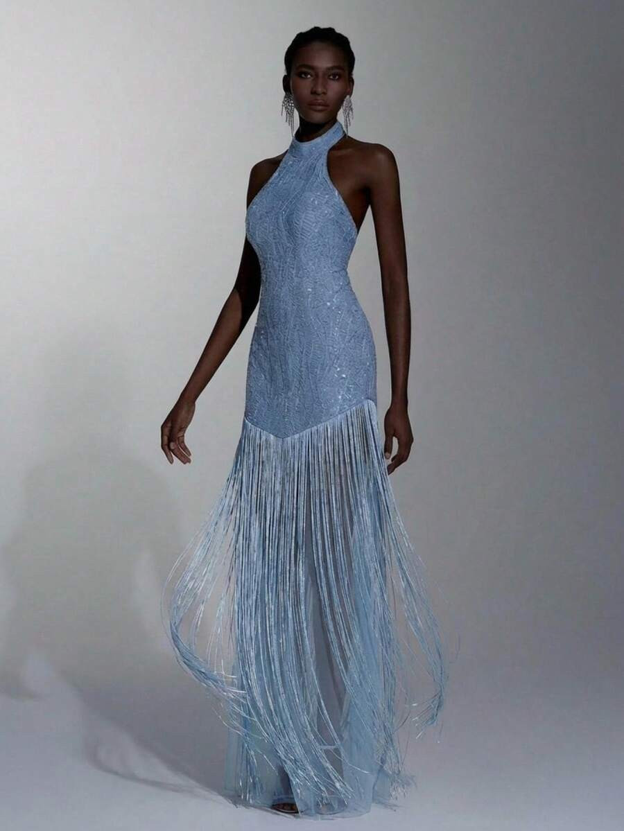 Elitara Elegant Strapless Neck-Tie Bodycon Dress With Fringe Hem, Suitable For Various Occasions ... | SHEIN