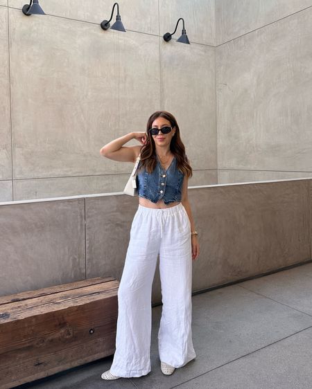 Denim vest + linen pants. These are lined and perfect length. Linked a similar more affordable pair that’s also lined. 

#LTKxTarget #LTKfindsunder100 #LTKSeasonal