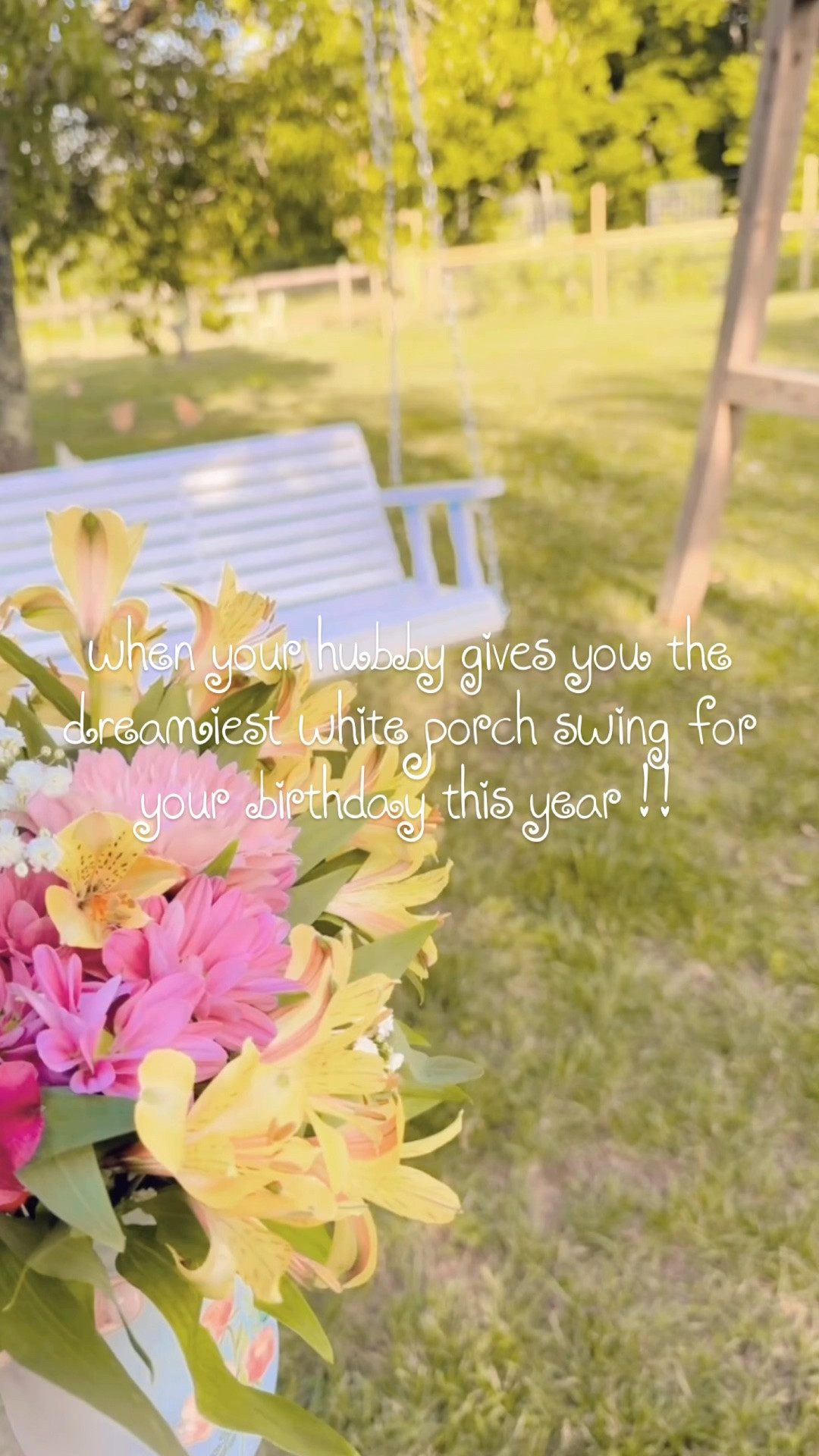 porch swing summer is officially here y’all !!! ☀️🪑🌻🤭🌳🐓🌻💐🧺🌾 #bestbirthdaygift #porchswingheaven #porchswing #countryporchswing 

Y’all knowwww I love a good porch swing 🤍 (remember the oldddd green one at my great grandparents’ old farmhouse that I basically lived in 🥰 during that sweet season 💞 snuggling Sweet Baby Levi Rhett 🤱) so this was truly (!!) the most thoughtful birthday 🎂 gift 💝 ever from my sweet amazing hubby!!! 😘😍 Oh and the stunning flower 💐 baskets 🧺 on the sides that he bought me were just the cherry 🍒 on top!! 🤭 

Cheers 🥂 to all the sweet summer ☀️ days out rocking under the peach 🍑 tree 🌳 watching my big beautiful garden 🪴 grow 🌻, the chickens 🐓 roam the yard 🌾, snuggling 🤱 and watching my babies 👶🏼 playing on their swingset 🛝, in the playhouse 🏠, and just living their best little country boy 🤠 lives!! 👶🏼🩵👶🏼 

PS. Yes! For those who’ve asked, I linked 🔗 it over on my LTKit shop for y’all 🛒 so you can check it out there!! 🫶🏽 It’s so good!!! 😍 #whereillbeallsummerlong