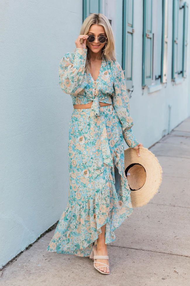 Drop In The Ocean Blue Floral Midi Skirt | The Pink Lily Boutique