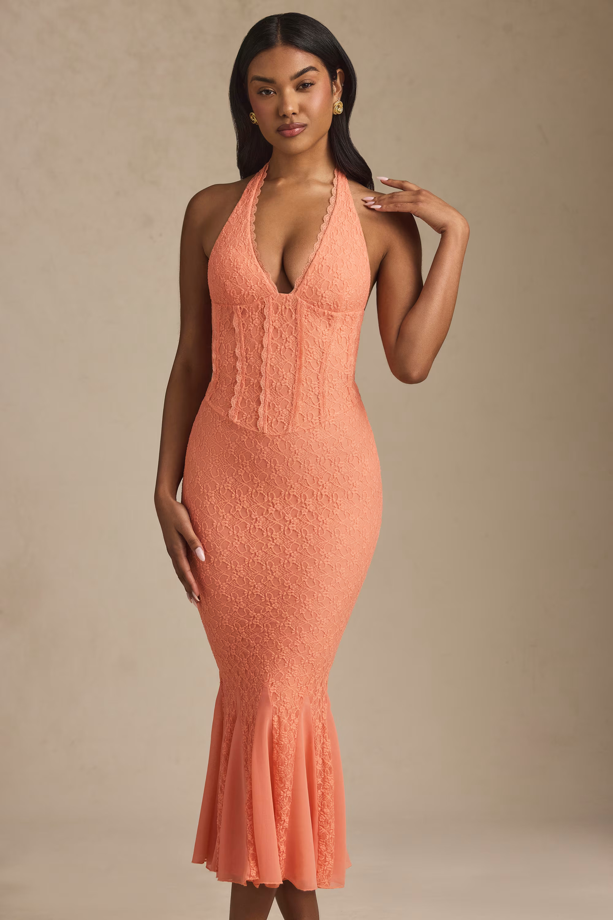 Halterneck Corset Lace Midaxi Dress in Peach | Oh Polly