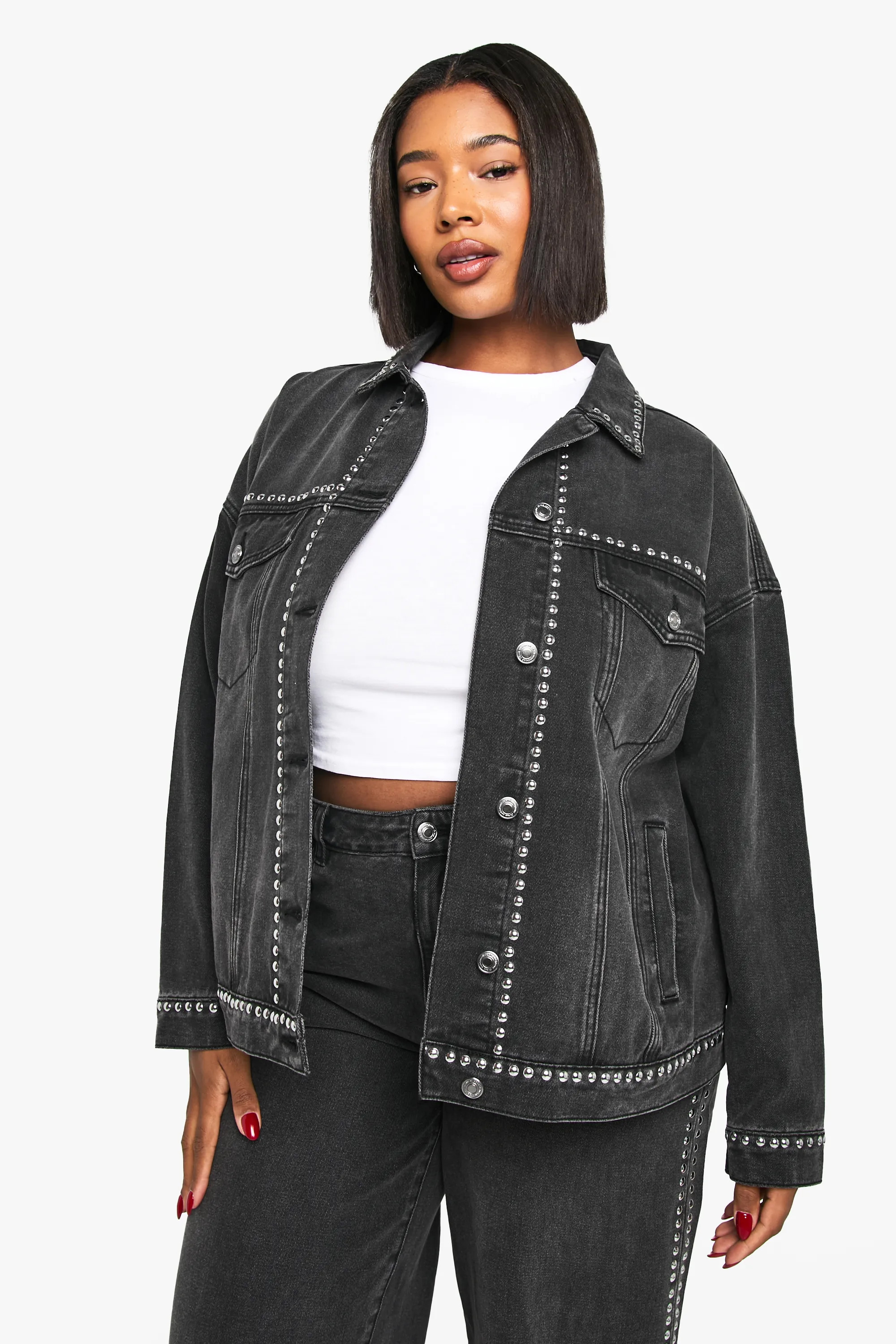 Black Plus Studded Denim Jacket | Boohoo | Boohoo.com (UK & IE)