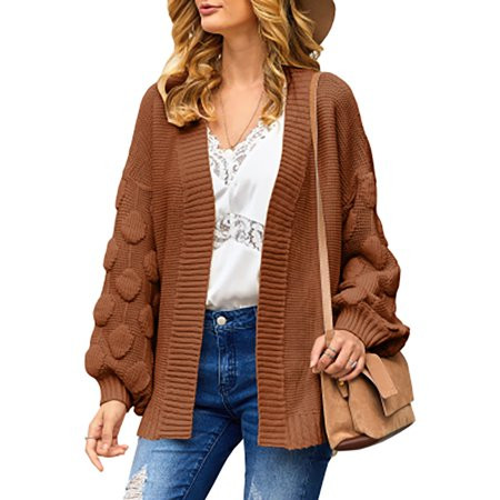 Yobecho Women s Chunky Long Pom Pom Front Cardigan Knit Sweater | Walmart (US)