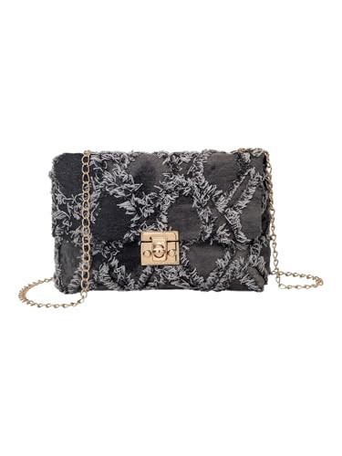 QWINEE Women's Distressed Denim Crossbody Bag Twist Lock Quilted Handbag Mini Jean Purse with Chain Strap Solid Black One Size | Amazon (US)