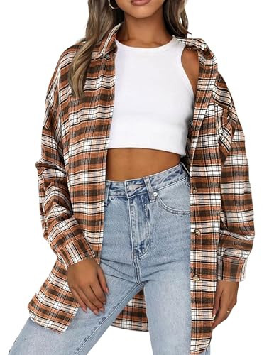HOTOUCH Fall Checkered Blouse Womens Soft Flannel Plaid Shirts Oversized Collared Button Up Lightweight Shacket Tops Brown XL | Amazon (US)