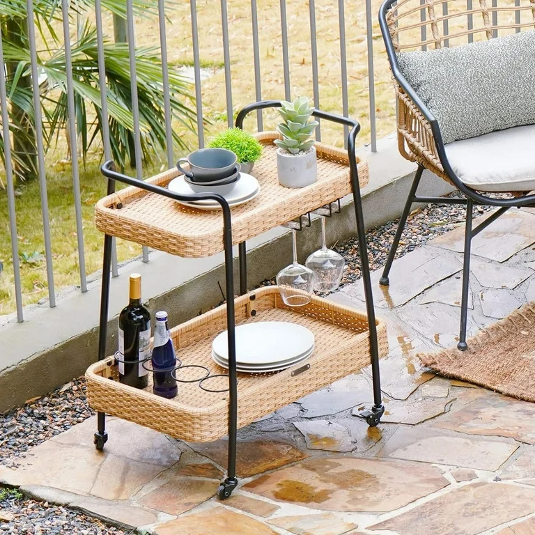 Grand Patio Outdoor & Indoor Wicker Rolling Bar Cart, 2-Tier Outdoor Serving Cart with Wheels Ste... | Walmart (US)