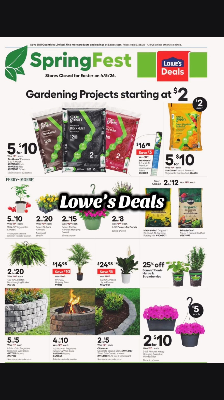 Lowe’s Spring Deals you DON’T want to miss! 🌿✨
If you’ve been waiting to refresh your yard, garden, or outdoor space—this is your sign!

Here are the best spring steals happening now through April 8th (while supplies last 👀):

🧱l
🏡 Retaining Wall Blocks: 5 for $5 and 4 for $10
🌱 Mulch + Vegetable Soil: 5 for $10
🥬 Vegetables + Herbs: 5 for $10

Perfect time to start those garden beds, update landscaping, or finally tackle that backyard project! 🌼🌿

Run, don’t walk—these deals won’t last long! 🏃‍♀️💨

#LowesFinds #LowesDeals #SpringGarden #LandscapingDeals #GardenSeason #OutdoorProjects #SpringRefresh #MulchDeals #GardenInspo 

#LTKHome #LTKSaleAlert