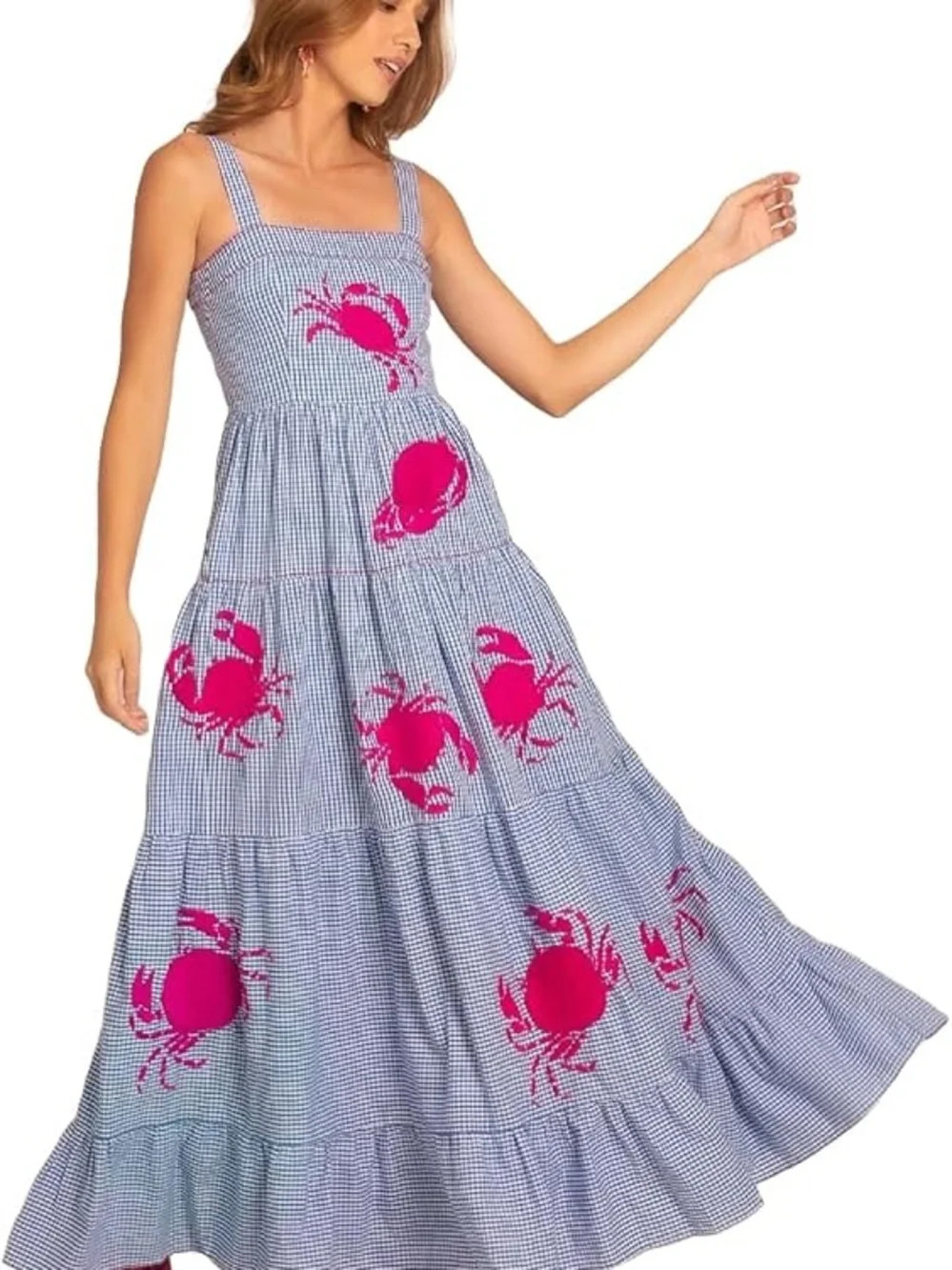 Sleeveless Blue Gingham Maxi Dress with Pink Crab Print | Poshmark