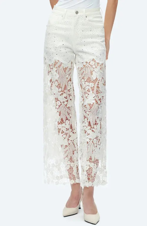 Bayeas High Waist Crystal Embellished Lace Wide Leg Jeans in White at Nordstrom, Size 30 | Nordstrom