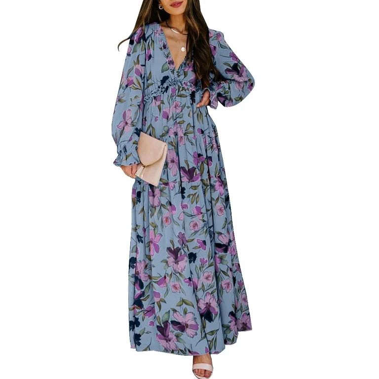 Dokotoo Women's Sky Blue Floral Maxi Dresses Casual Deep V Neck Long Sleeve Evening Dress Cocktai... | Walmart (US)