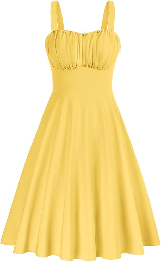 Belle Poque Women's Vintage Sleeveless Solid Floral Ruched Summer Cute A-Line Flowy Swing Midi Dr... | Amazon (US)