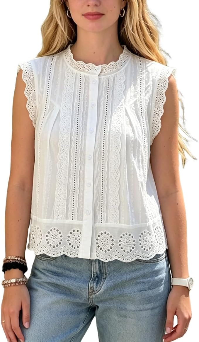 Women Boho Lace Trim Tank top Sleeveless Button Down Front Tie Lace Babydoll Tops Flowy Crop Top ... | Amazon (US)