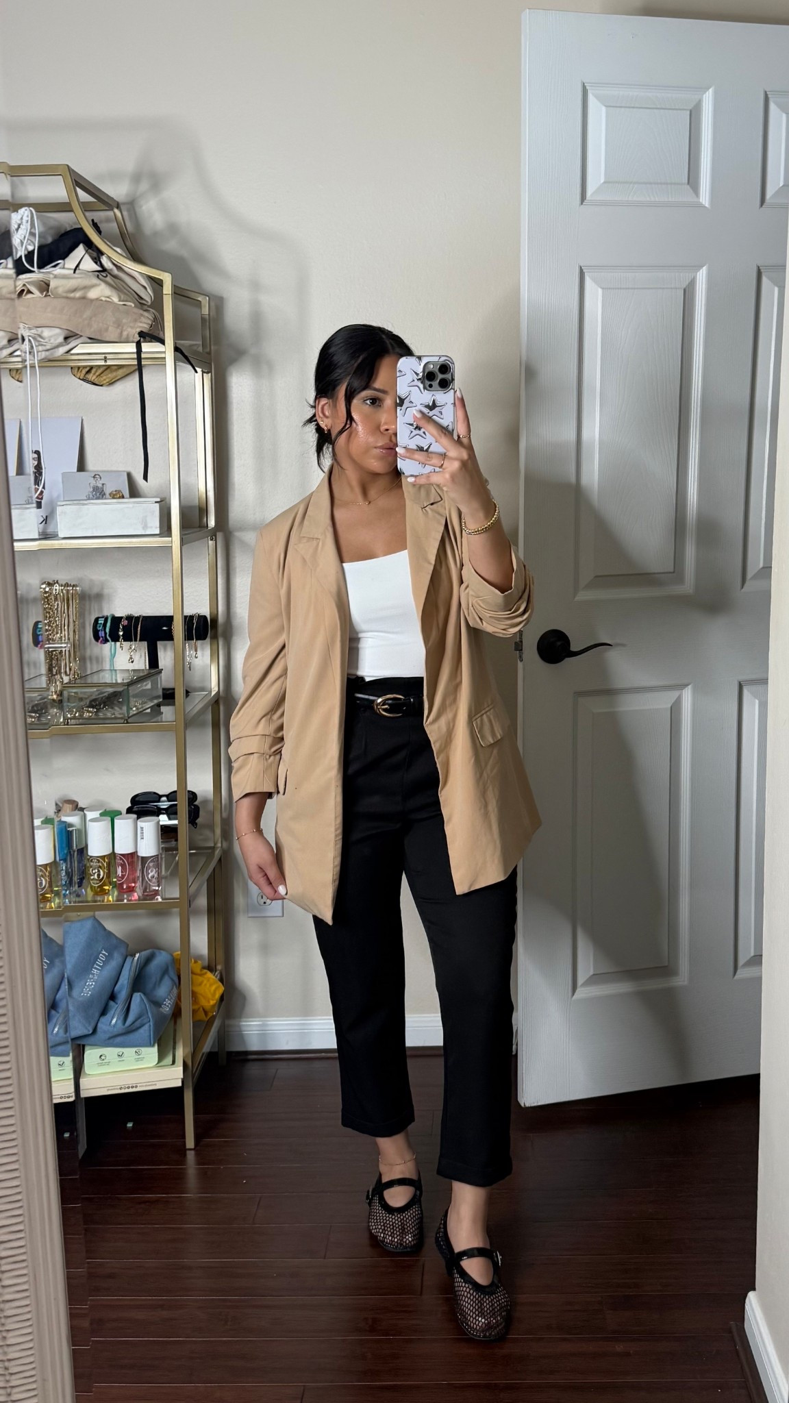 Work outfit idea 
White bodysuit: small 
Khaki blazer: small 
Black paper bag pants: small 
Mesh ballet flats: 6.5 
Gold hardware black belt 


#LTKPetite #LTKFindsUnder100 #LTKWorkwear
