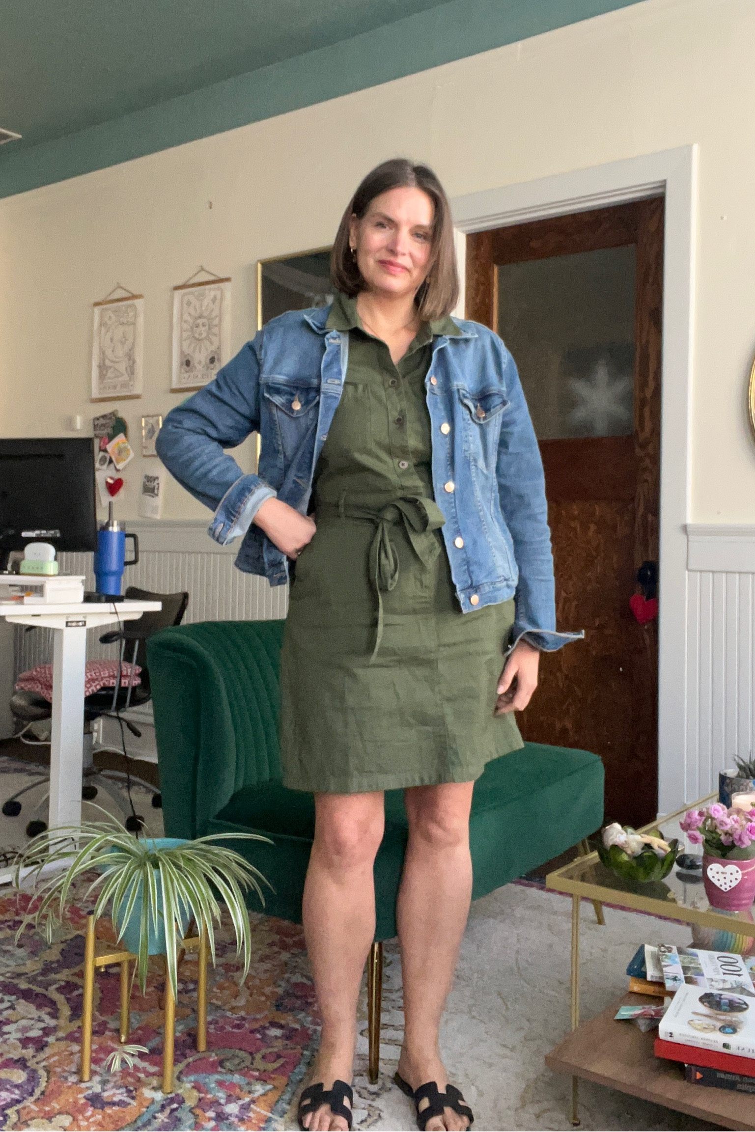Dress + denim + sandals. Spring outfit for over 40 midsize capsule wardrobe 

#LTKOver40 #LTKMidsize #LTKSeasonal