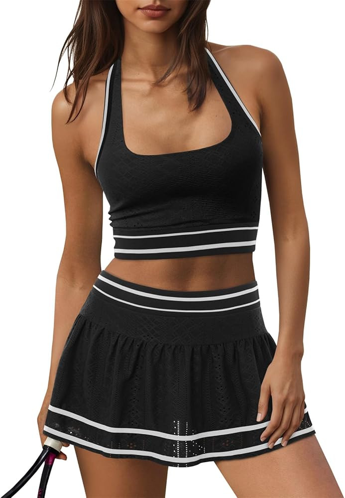 Fisoew Womens 2 Piece Tennis Skirt Sets Workout Set Halter Backless Sports Bra and Golf Skort Ath... | Amazon (US)