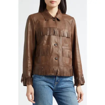 Nili Lotan Lazare Fringe Detail Leather Jacket in Dark Brown at Nordstrom, Size X-Small | Nordstrom
