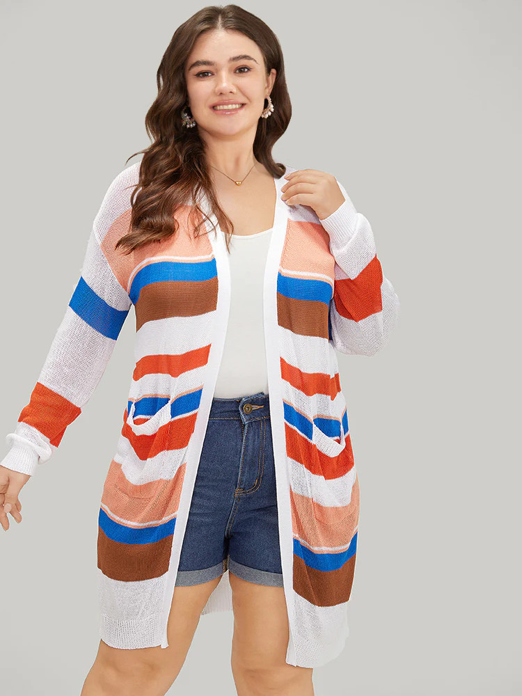 Colorblock Contrast Pocket Tunic Open Front Cardigan | Bloomchic