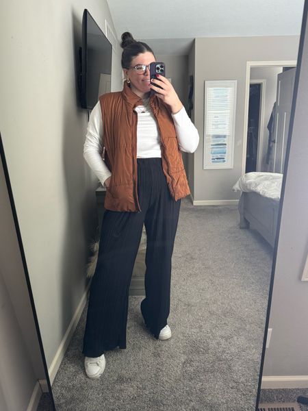Casual midsize winter outfit of the day! I’m wearing these wide leg plisse say pants from Walmart in a size XL and a long sleeve white tea from Old Navy in size XL and oversized vest from Amazon size XL. 

Outfit, midsize outfit, affordable outfit, teacher outfit, spring outfit, casual outfit ideas 


#LTKstyletip #LTKmidsize #LTKfindsunder50