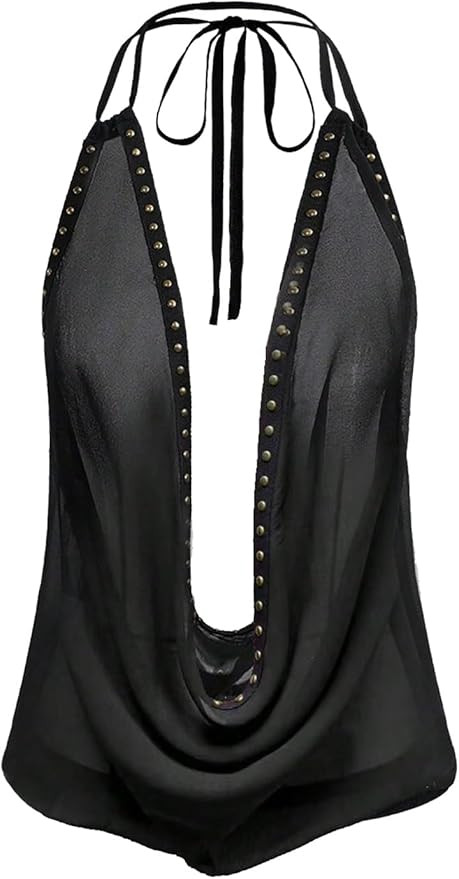 MakeMeChic Women's Sheer Mesh Rave Tops Sexy Cowl Neck Halter Top Going Out | Amazon (US)