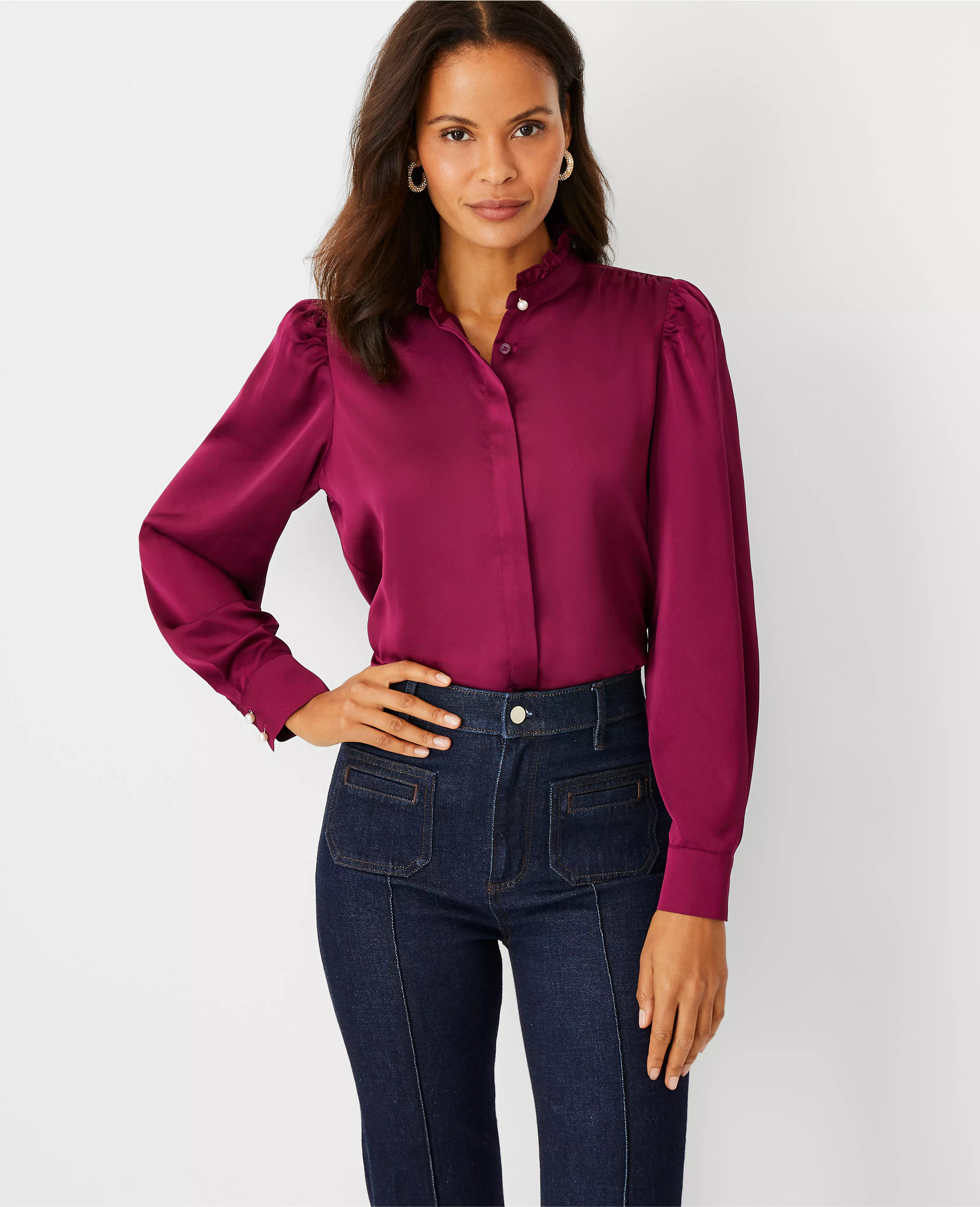 Pearlized Button Ruffle Mock Neck Shirt | Ann Taylor (US)