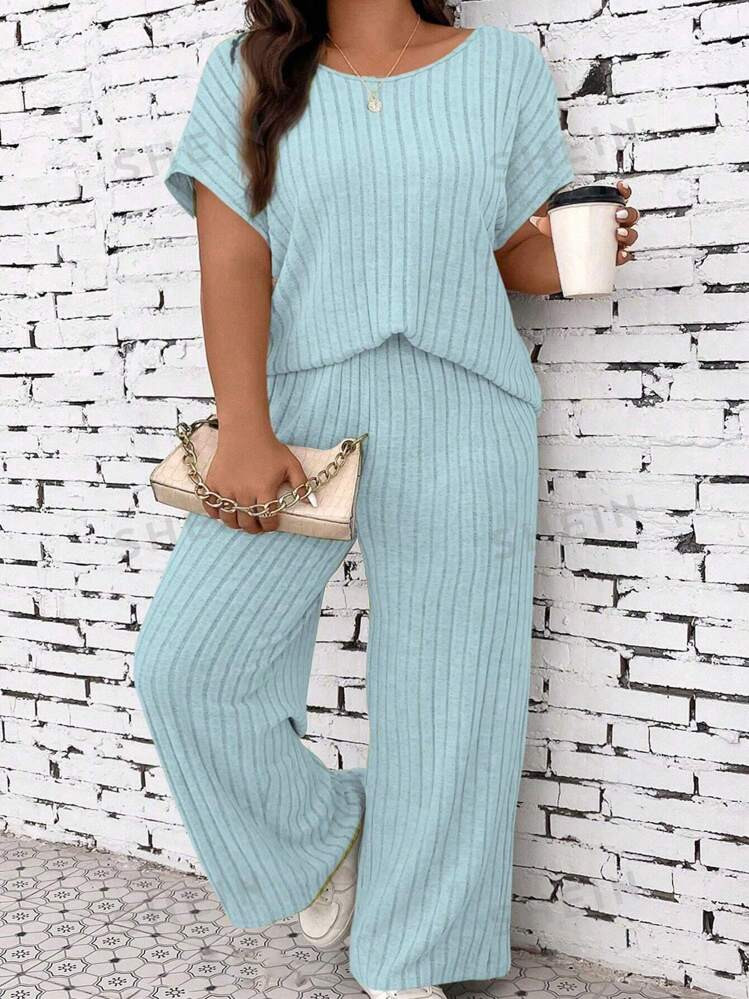 SHEIN CURVE+ Plus Batwing Sleeve Tee & Wide Leg Pants For Summer | SHEIN USA | SHEIN