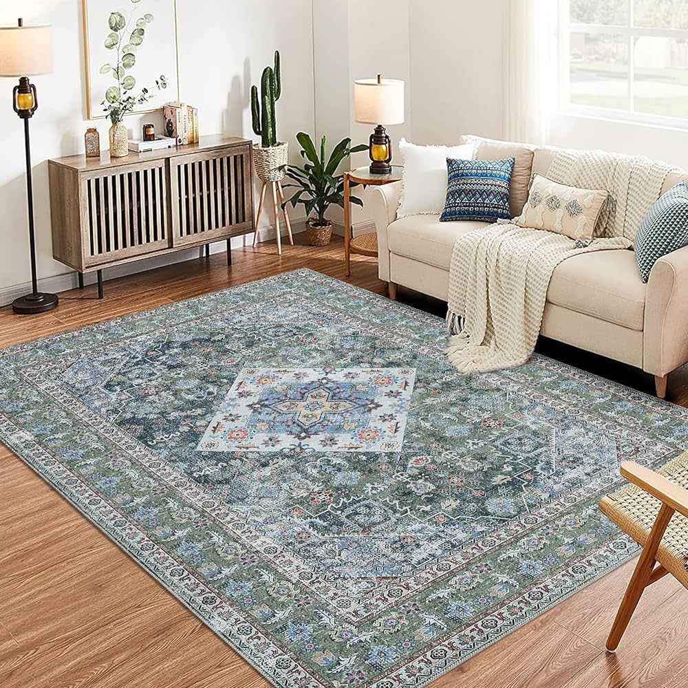 Amazon.com: Vintage Floral Print Area Rug, Traditional Washable Indoor Boho Carpet Low Pile Non-S... | Amazon (US)