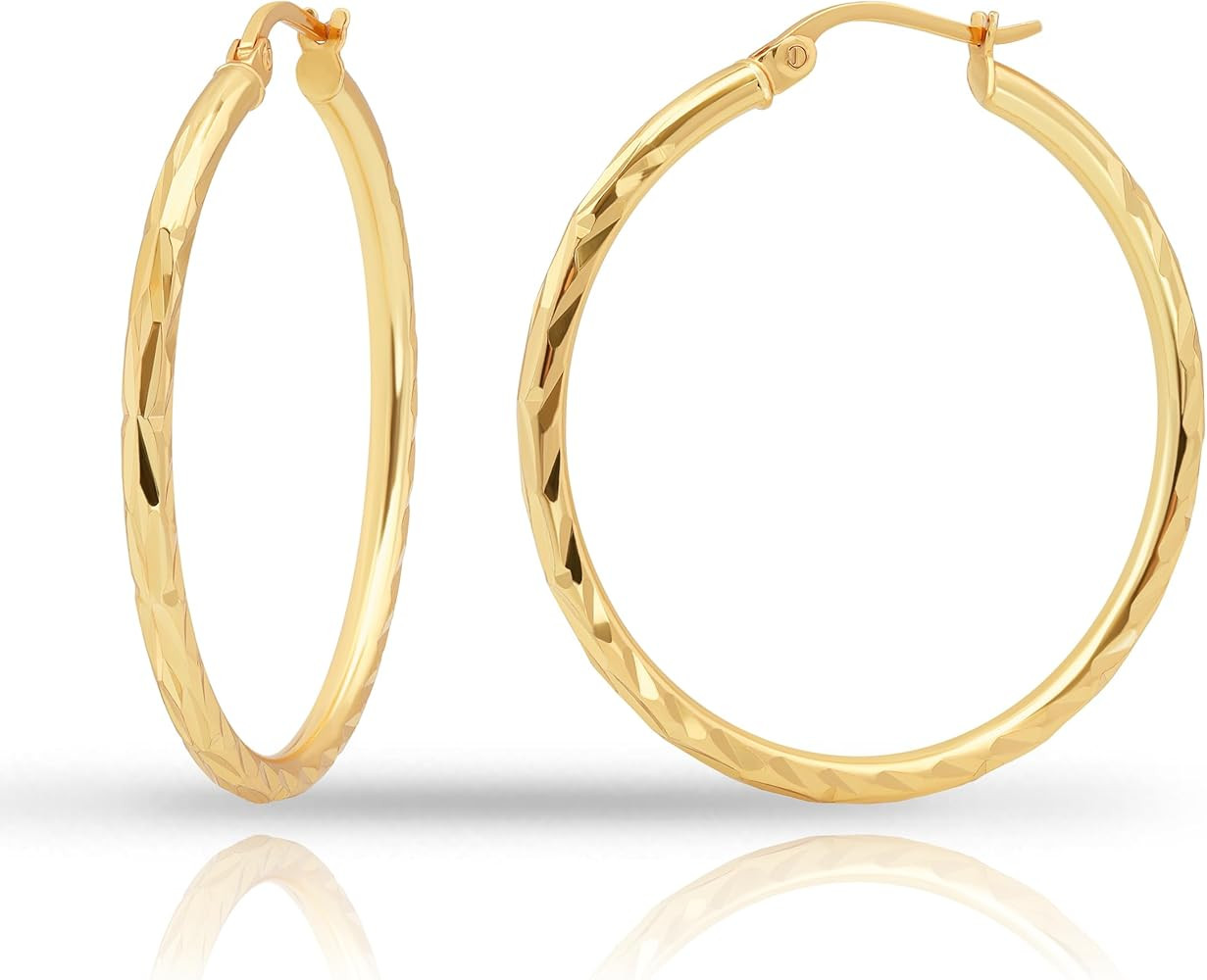 Hoops & Loops 925 Sterling Silver Diamond-Cut Click-Top Hoop Earrings for Women, Sizes 15mm 20mm ... | Amazon (US)