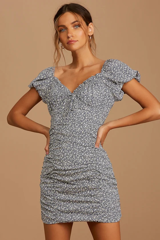 Reason to Be Dusty Blue Floral Print Off-the-Shoulder Mini Dress | Lulus (US)