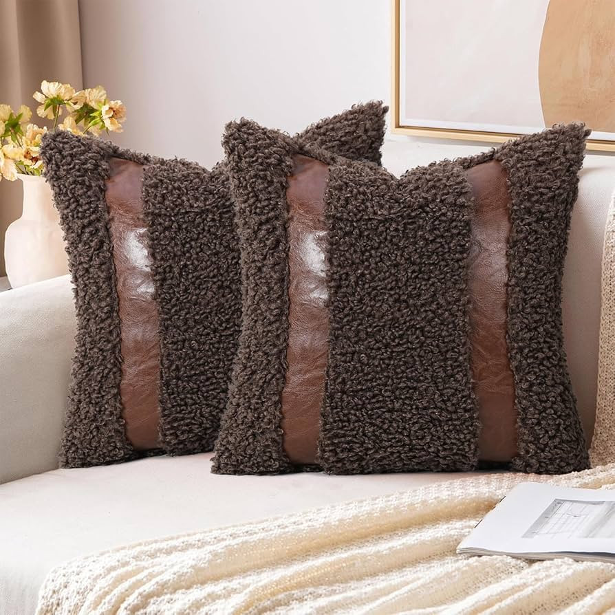Merrycolor Faux Fur Chocolate Pillow Covers 18×18Inch Set of 2 Faux Leather Patchwork Decorative... | Amazon (US)
