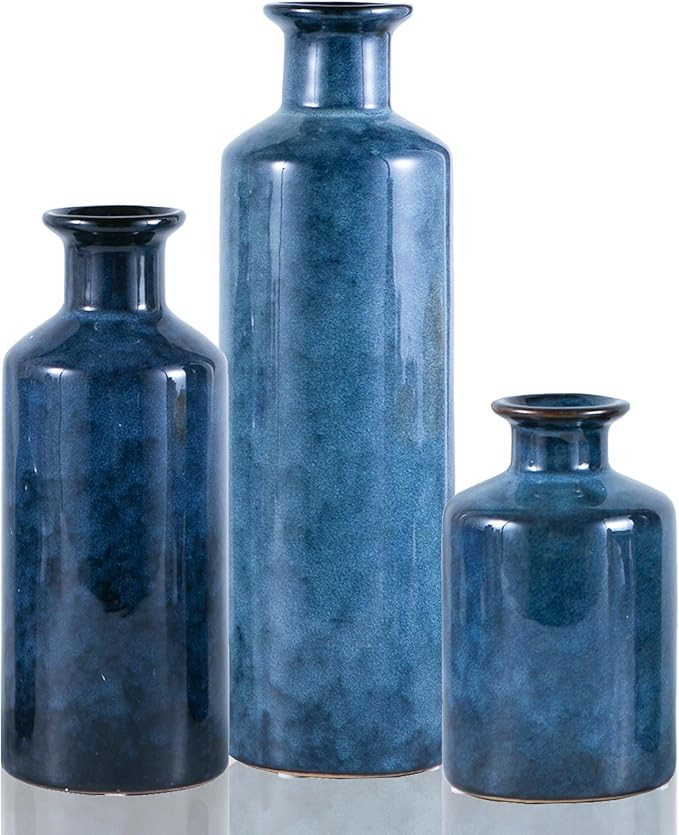 Blue Ceramic Vase Set of 3 Small Vases, Modern Farmhouse for Home Decor Bottles, Rustic Terracott... | Amazon (US)