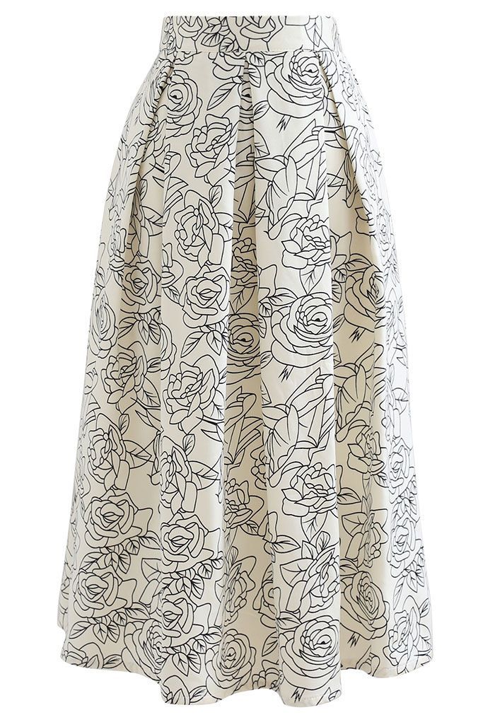 Sketch Rose Pleated Midi Skirt | Chicwish