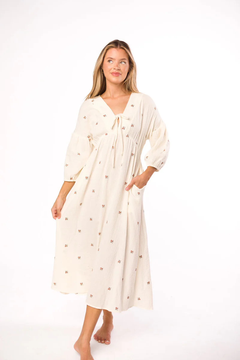 Hunter 100% Cotton Gauze Midi Dress in Soy/Pink Floral - Bump Friendly | Worth Collective