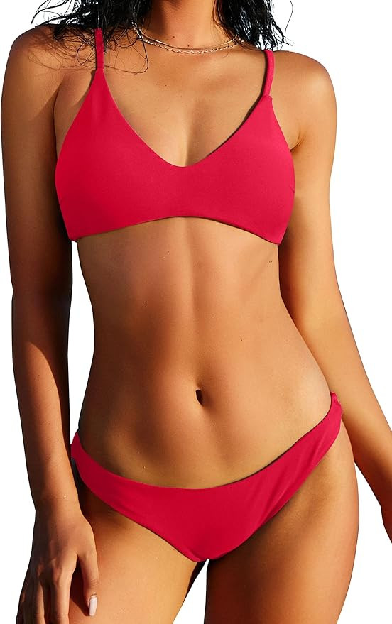 ZAFUL Women's Solid Spaghetti Strap Bralette Bikini Set Two Piece Swimsuit | Amazon (US)