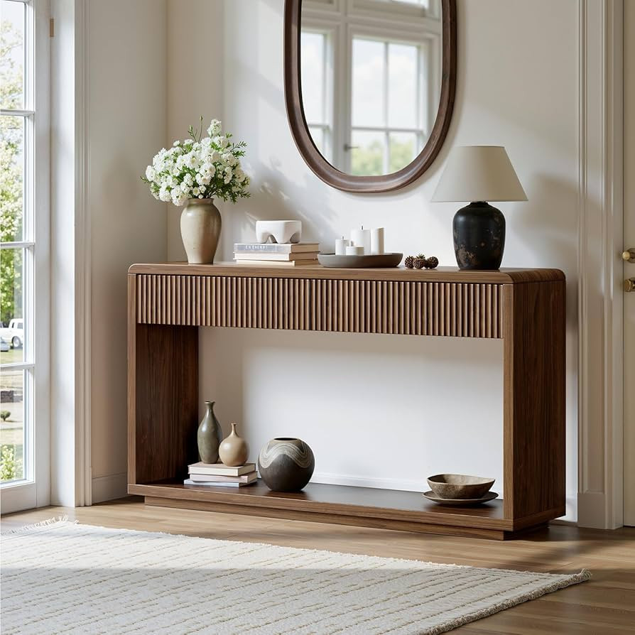 Evermagin 59'' Walnut Entryway Table with Drawers, Fluted Console Table, Mid Century Modern Sofa ... | Amazon (US)
