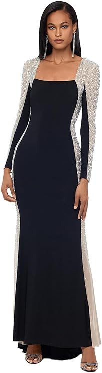 Xscape Women's Square Neck Long Sleeve Beaded Contour Gown | Amazon (US)