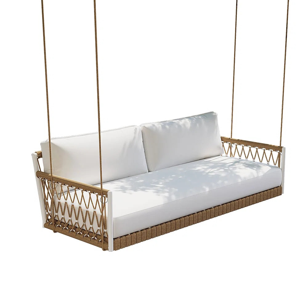 Ropipe Outdoor 2-Seater Swing Sofa In Khaki With Hand Woven Rope & White Cushion | Wayfair North America