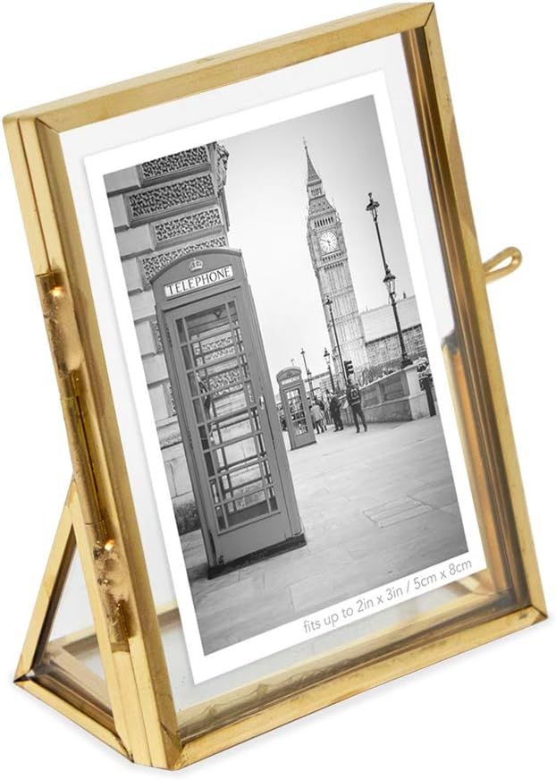 Isaac Jacobs 2x3, Antique Gold, Vintage Style Brass and Glass, Floating Photo Frame, Metal, (Vert... | Amazon (US)