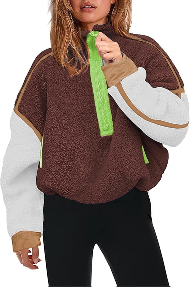 Women's Sherpa Fleece Pullover Half Zip Oversized Sweatshirt with Pockets Soft Warm Fuzzy Jacket ... | Amazon (US)