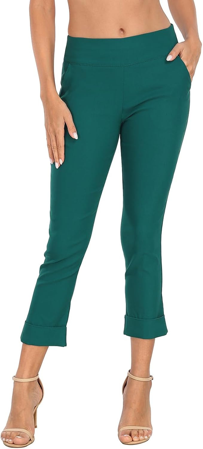 HDE Pull On Capri Pants for Women with Pockets Elastic Waist Cropped Work Pants | Amazon (US)