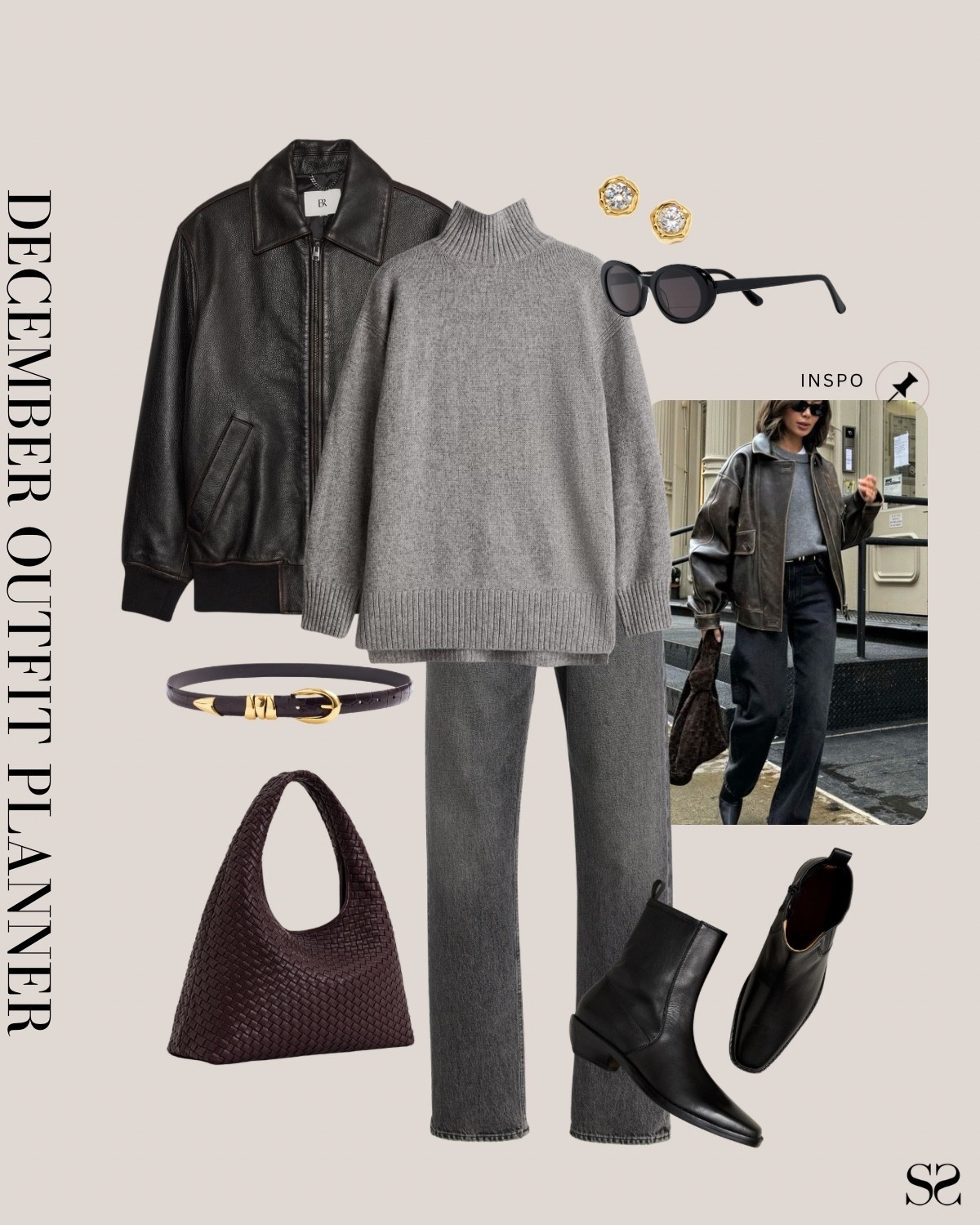 Monthly outfit planner DECEMBER: Winter outfits | grey monochrome outfit, leather jacket, black boots, woven tote

#classicstyle #LTKstyletip #winteroutfit #casualoutfit

Image inspo credit: Pinterest 

#LTKSeasonal #LTKgrwm #LTKootd