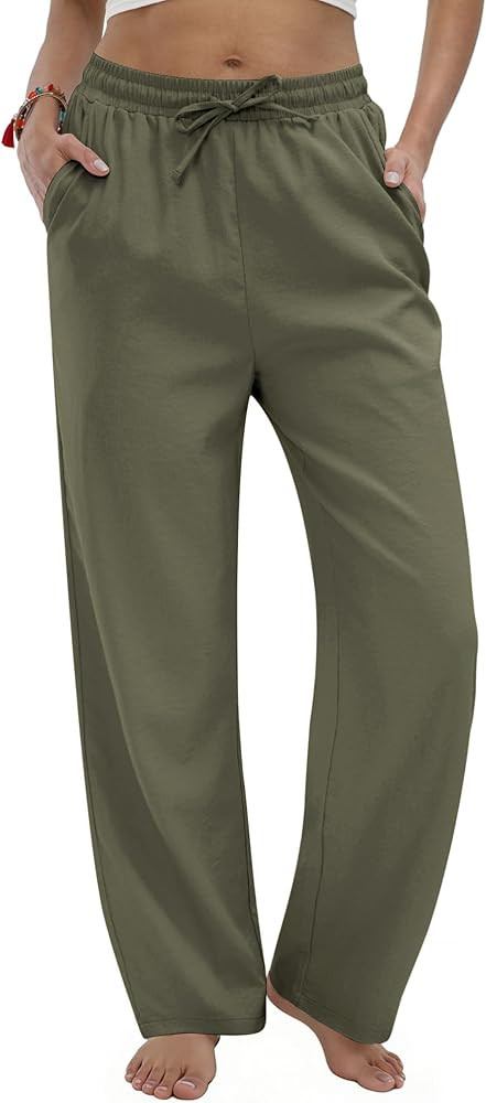 Women's Linen Casual Pants High Waist Drawstring Lounge Pant Summer Boho Straight Trousers with P... | Amazon (US)