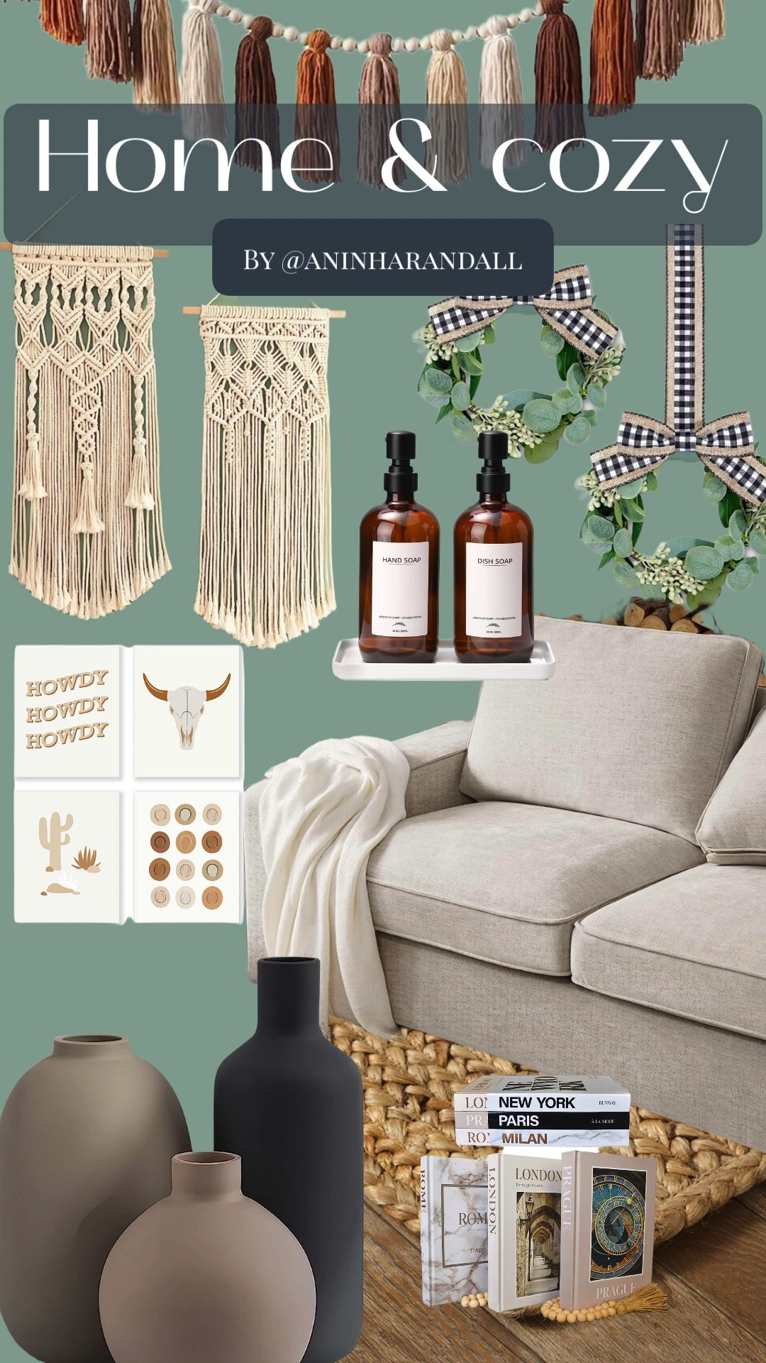 AMAZON Home & Cozy | Glass Soap Dispenser with Ceramic Vanity Tray and Stainless Steel Pump | 2 Pieces 9 Inch Mini Eucalyptus Wreath for Front Door | ignature Loom Handcrafted Farmhouse Jute Accent Rug | Ceramic Vase | Eucalyptus Wall Hanging Decor | Macrame Woven Wall Hanging Boho Home Chic Bohemian Geometric Art Decor | LiTiu Howdy bull Skull Cowboy Hat Cactus Boho Preppy Wall Art Poster Prints Decor | Neutral Lydia Curtains Ruffle Window Set for Living, Dining | DrCor Boho Tassel Garland Terracotta Rainbow Tassel Wall Hanging Decor | Decorative Books with Blank Pages | Modern Sofas Couches for Living Room | 

#LTKfamily #LTKhome