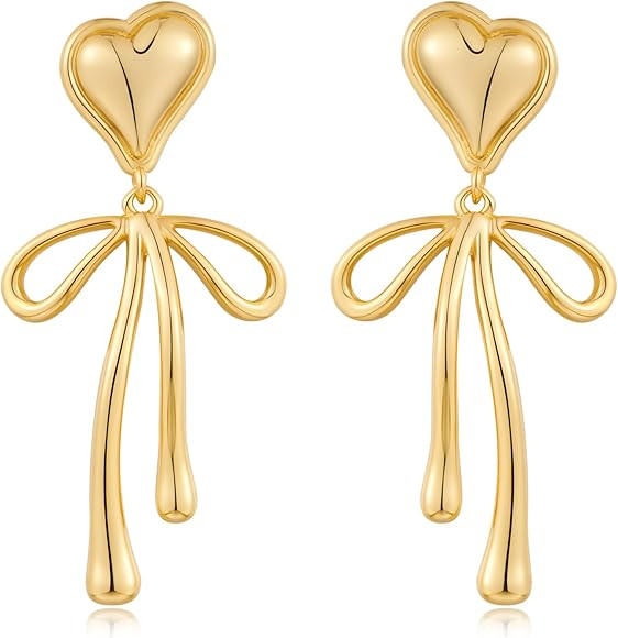 CUFELMU Heart Bow Drop Earrings for Women Lovely Ribbon Bow Earrings Gold Heart Dangle Earrings T... | Amazon (US)