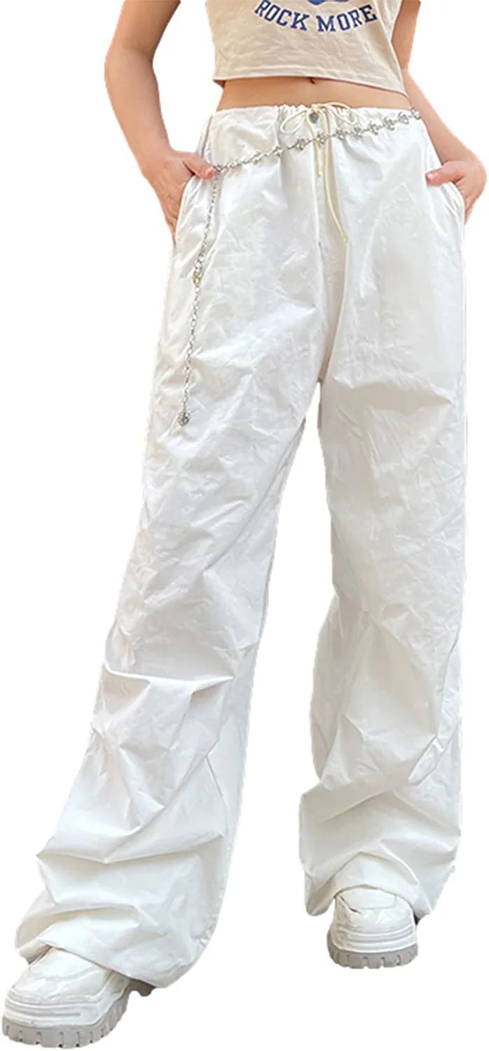WOBONIU Women Low Waist Baggy Cargo Pants Indie Aesthetic Drawstring Loose Pocket Jogger Trousers... | Amazon (US)