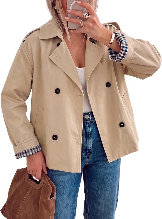 Dqbeng Womens Cropped Trench Coat Double Breasted Short Trench Jacket with Plaid Lining | Amazon (US)
