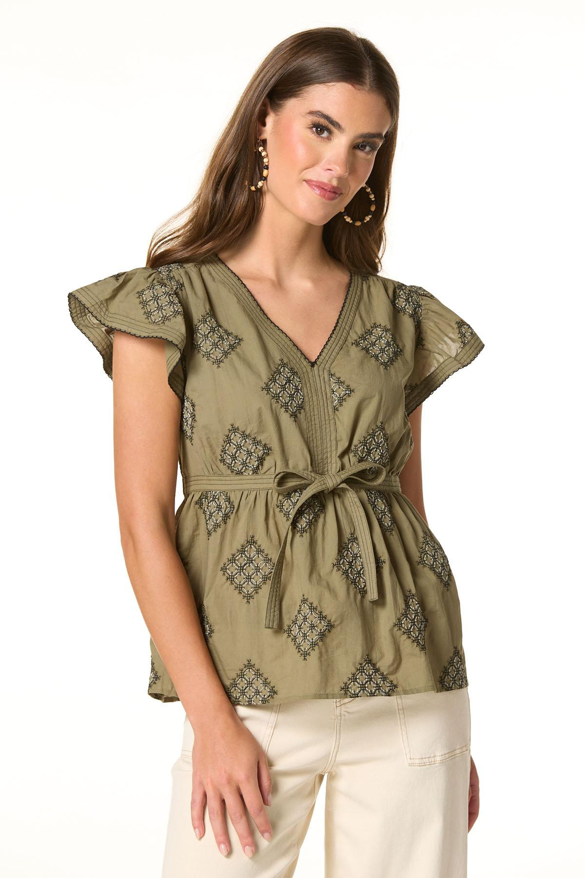 Embroidered Flutter Sleeve Tie- Waist Blouse | Cato Fashions
