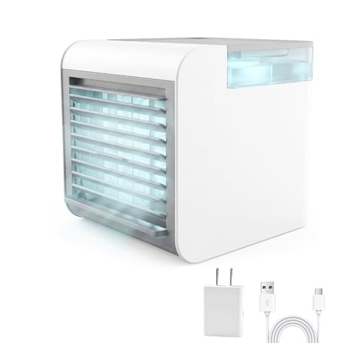 Portable Air Conditioner Fan, 4-in-1 Mini Air Cooler with 450ML Water Tank, 3 Speeds Portable Fan 7 Colors LED Ambient Light, Mini Evaporative Cooler Desktop Humidifier Fan for Bedroom Office Travel | Amazon (US)