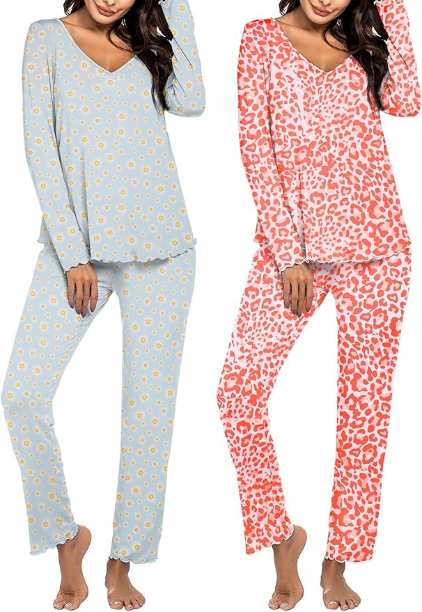 Ekouaer Womens 2 Pack Pajama Set Long Sleeve Pajamas Top and Pants V Neck Pjs Set Soft Sleepwear ... | Amazon (US)